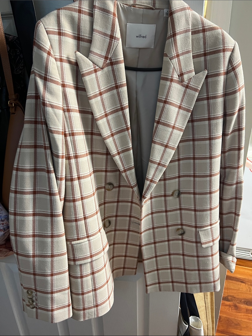 Aritiza Wilfred Cream Plaid Double-Breasted Blazer with Brown Windowpane Size 4